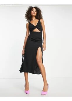 ASOS Cut Out Knot Front Midi Dress -Free Vibe Shop asos BLACK Cut Out Knot Front Midi Dress 3