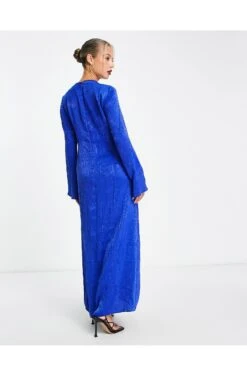 ASOS Crinkle Satin Maxi Dress With Knot Detail -Free Vibe Shop asos BLUE Crinkle Satin Maxi Dress With Knot Detail