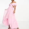 Asos Design Petite Ruffle Cut Out Off The Shoulder Maxi Dress With Hi Low Hem -Free Vibe Shop asos Baby pink Asos Design Petite Ruffle Cut Out Off The Shoulder Maxi Dress With Hi Low Hem