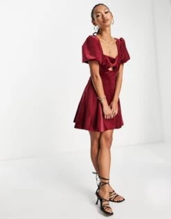 ASOS Puff Sleeve Velvet Mini Dress With Godet Detail -Free Vibe Shop asos Berry Puff Sleeve Velvet Mini Dress With Godet Detail 1