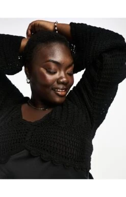 Asos Design Curve Long Sleeve Crochet Bodice Satin Maxi Dress -Free Vibe Shop asos Black Asos Design Curve Long Sleeve Crochet Bodice Satin Maxi Dress 1