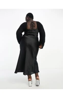 Asos Design Curve Long Sleeve Crochet Bodice Satin Maxi Dress -Free Vibe Shop asos Black Asos Design Curve Long Sleeve Crochet Bodice Satin Maxi Dress 2