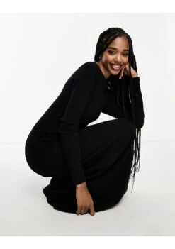 Asos Design Tall Super Soft Rib Crew Neck Midi Dress With Long Sleeve -Free Vibe Shop asos Black Asos Design Tall Super Soft Rib Crew Neck Midi Dress With Long Sleeve 3