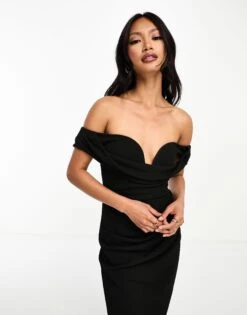 ASOS Drape Off Shoulder V Wire Tuck Midi Dress -Free Vibe Shop asos Black Drape Off Shoulder V Wire Tuck Midi Dress 2