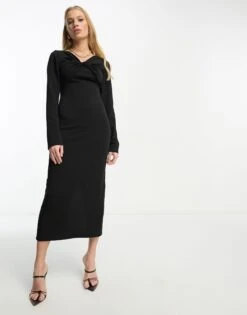 ASOS Twist Neck Long Sleeve Midi Dress -Free Vibe Shop asos Black Twist Neck Long Sleeve Midi Dress 2