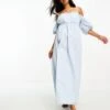 Asos Design Petite Off Shoulder Cotton Midi Dress With Ruched Bust Detail -Free Vibe Shop asos Blue Asos Design Petite Off Shoulder Cotton Midi Dress With Ruched Bust Detail
