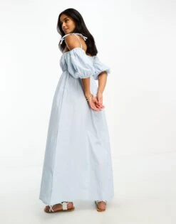 Asos Design Petite Off Shoulder Cotton Midi Dress With Ruched Bust Detail -Free Vibe Shop asos Blue Asos Design Petite Off Shoulder Cotton Midi Dress With Ruched Bust Detail 2