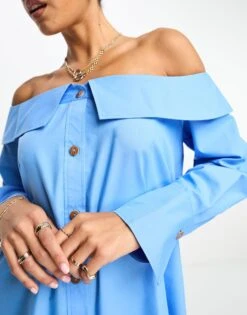 ASOS Bardot Mini Shirt Dress With Horn Buttons -Free Vibe Shop asos Blue Bardot Mini Shirt Dress With Horn Buttons 2