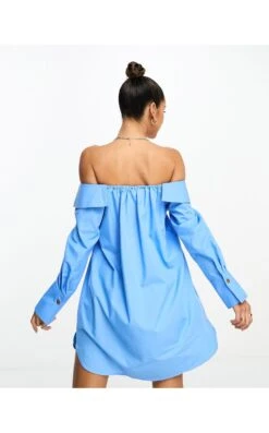ASOS Bardot Mini Shirt Dress With Horn Buttons -Free Vibe Shop asos Blue Bardot Mini Shirt Dress With Horn Buttons 3