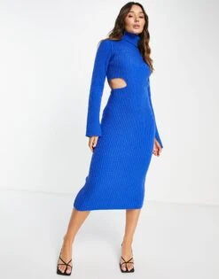 ASOS Roll Neck Midi Dress With Cut Out Waist Detail -Free Vibe Shop asos Blue Roll Neck Midi Dress With Cut Out Waist Detail 3