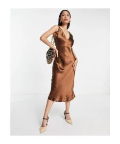 ASOS Bias Cut Satin Midi Slip Dress With Soft V Neckline Detail