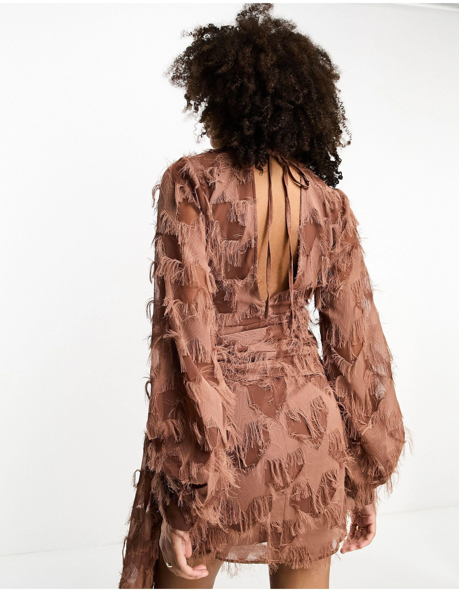 ASOS Fluffy V Neck Mini Dress With Tie Waist And Tie Back Detail 4 ASOS Fluffy V Neck Mini Dress With Tie Waist And Tie Back Detail - Image 2