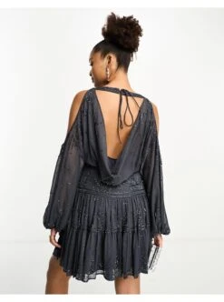 ASOS Cold Shoulder Embellished Tiered Mini Dress -Free Vibe Shop asos CHARCOAL Cold Shoulder Embellished Tiered Mini Dress 1