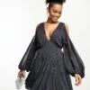 ASOS Cold Shoulder Embellished Tiered Mini Dress -Free Vibe Shop asos CHARCOAL Cold Shoulder Embellished Tiered Mini Dress