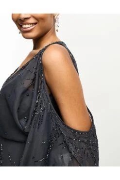 ASOS Cold Shoulder Embellished Tiered Mini Dress -Free Vibe Shop asos CHARCOAL Cold Shoulder Embellished Tiered Mini Dress 2