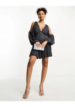 ASOS Cold Shoulder Embellished Tiered Mini Dress -Free Vibe Shop asos CHARCOAL Cold Shoulder Embellished Tiered Mini Dress 3