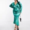 Asos Design Curve Wrap Front Satin Midi Dress With Cowl Back Detail -Free Vibe Shop asos Dark Green Asos Design Curve Wrap Front Satin Midi Dress With Cowl Back Detail