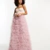 ASOS Satin Corset Premium Bandeau Mesh Ruffle Maxi Dress -Free Vibe Shop asos Dusty pink Satin Corset Premium Bandeau Mesh Ruffle Maxi Dress