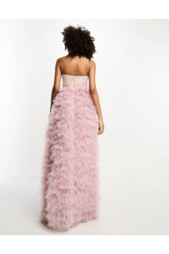 ASOS Satin Corset Premium Bandeau Mesh Ruffle Maxi Dress -Free Vibe Shop asos Dusty pink Satin Corset Premium Bandeau Mesh Ruffle Maxi Dress 2