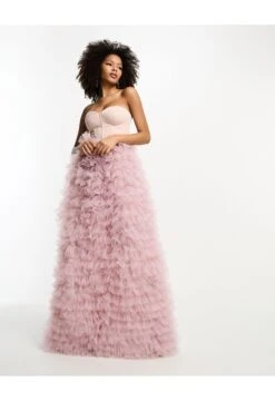 ASOS Satin Corset Premium Bandeau Mesh Ruffle Maxi Dress