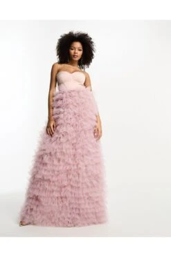 ASOS Satin Corset Premium Bandeau Mesh Ruffle Maxi Dress -Free Vibe Shop asos Dusty pink Satin Corset Premium Bandeau Mesh Ruffle Maxi Dress 3