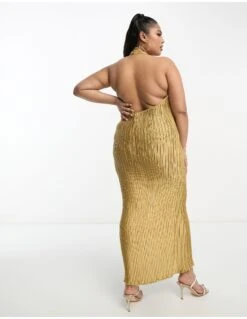 Asos Design Curve Exclusive Satin Plisse Twist Halterneck Midi Dress 6 Asos Design Curve Exclusive Satin Plisse Twist Halterneck Midi Dress -Free Vibe Shop asos Gold Asos Design Curve Exclusive Satin Plisse Twist Halterneck Midi Dress 1