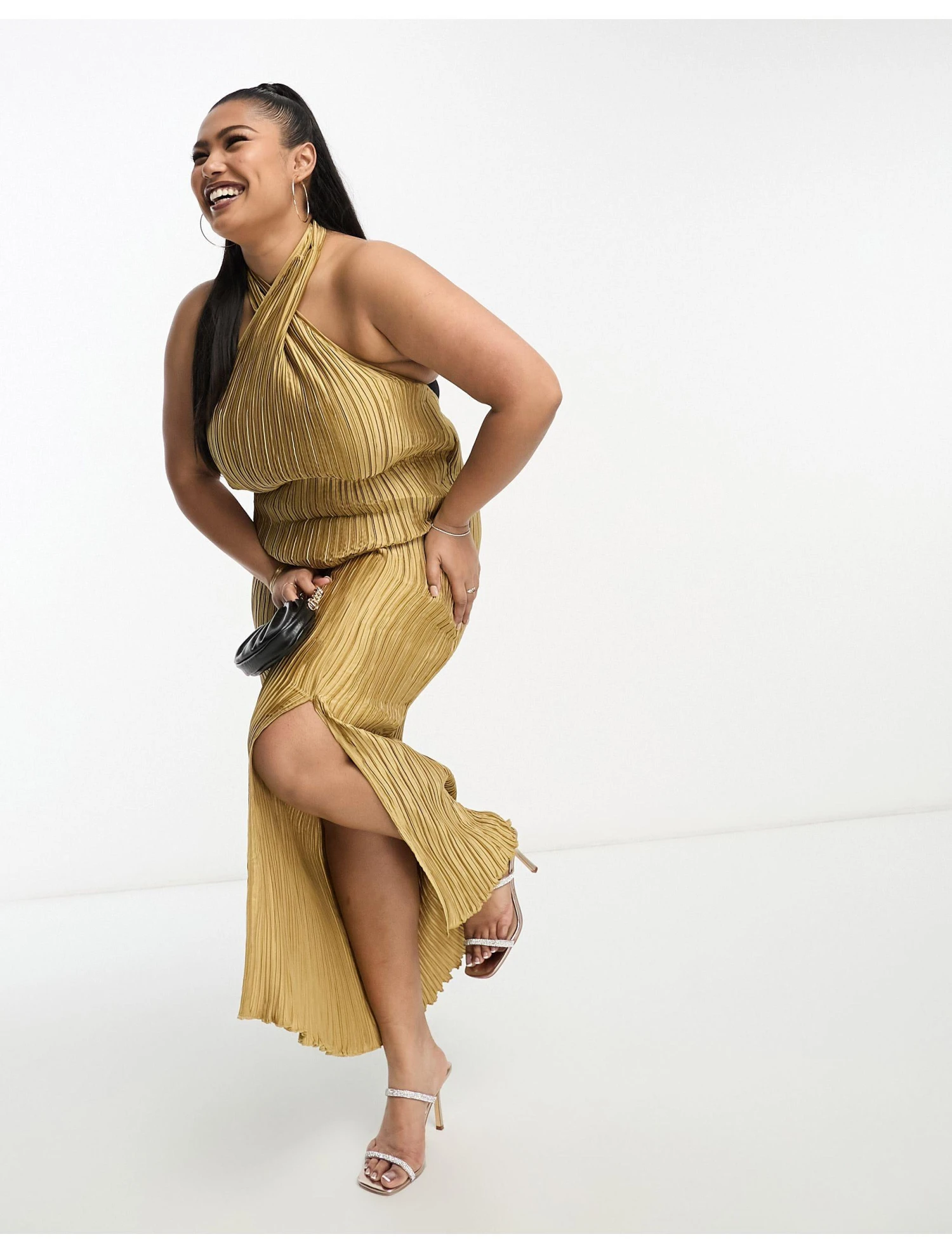 Asos Design Curve Exclusive Satin Plisse Twist Halterneck Midi Dress 5 Asos Design Curve Exclusive Satin Plisse Twist Halterneck Midi Dress - Image 3