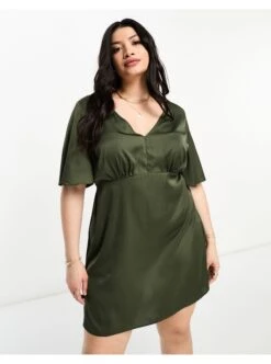 Asos Design Curve Satin Angel Sleeve Mini Tea Dress -Free Vibe Shop asos Green Asos Design Curve Satin Angel Sleeve Mini Tea Dress 1