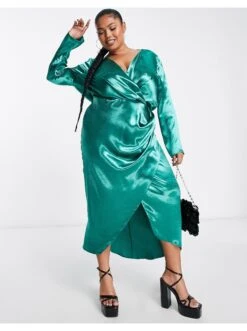 Asos Design Curve Wrap Front Satin Midi Dress With Cowl Back Detail -Free Vibe Shop asos Green Asos Design Curve Wrap Front Satin Midi Dress With Cowl Back Detail 1