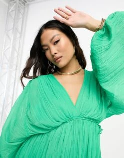 Asos Design Petite Micro Pleated Batwing Trapeze Maxi Dress -Free Vibe Shop asos Green Asos Design Petite Micro Pleated Batwing Trapeze Maxi Dress 2