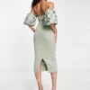 Asos Design Tall Bardot Puff Sleeve Midi Dress With Floral Embellishment 2 Asos Design Tall Bardot Puff Sleeve Midi Dress With Floral Embellishment -Free Vibe Shop asos Green Asos Design Tall Bardot Puff Sleeve Midi Dress With Floral Embellishment