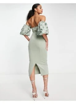 Asos Design Tall Bardot Puff Sleeve Midi Dress With Floral Embellishment