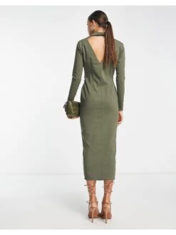 ASOS Collared Open Back Button Through Ruched Front Midi Dress -Free Vibe Shop asos Green Collared Open Back Button Through Ruched Front Midi Dress 1