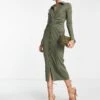 ASOS Collared Open Back Button Through Ruched Front Midi Dress -Free Vibe Shop asos Green Collared Open Back Button Through Ruched Front Midi Dress