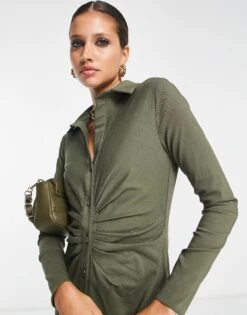 ASOS Collared Open Back Button Through Ruched Front Midi Dress -Free Vibe Shop asos Green Collared Open Back Button Through Ruched Front Midi Dress 2