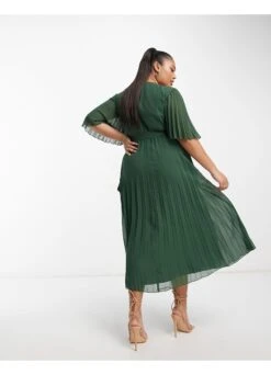 ASOS Curve Exclusive Pleated Midi Dress With Kimono Sleeve And Tie Waist -Free Vibe Shop asos Green Curve Exclusive Pleated Midi Dress With Kimono Sleeve And Tie Waist 1