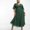 ASOS Curve Exclusive Pleated Midi Dress With Kimono Sleeve And Tie Waist -Free Vibe Shop asos Green Curve Exclusive Pleated Midi Dress With Kimono Sleeve And Tie Waist