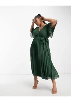 ASOS Curve Exclusive Pleated Midi Dress With Kimono Sleeve And Tie Waist -Free Vibe Shop asos Green Curve Exclusive Pleated Midi Dress With Kimono Sleeve And Tie Waist 3