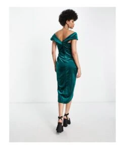 ASOS Design Off Shoulder Twist Front Wrap Velvet Midi Dress 5 ASOS Design Off Shoulder Twist Front Wrap Velvet Midi Dress -Free Vibe Shop asos Green Design Off Shoulder Twist Front Wrap Velvet Midi Dress 1