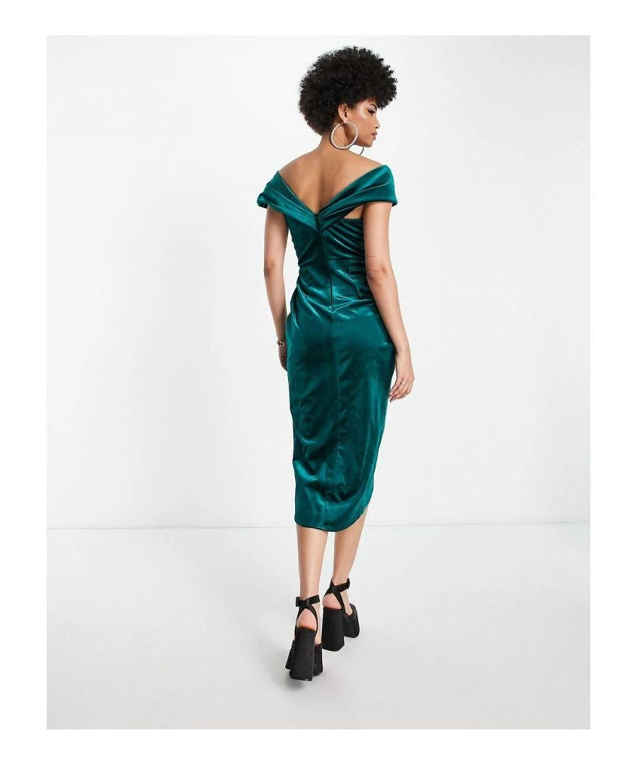 ASOS Design Off Shoulder Twist Front Wrap Velvet Midi Dress 4 ASOS Design Off Shoulder Twist Front Wrap Velvet Midi Dress - Image 2
