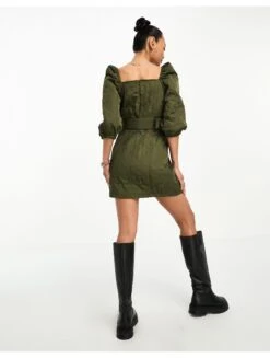 ASOS Nylon Quilted Belted Mini Dress -Free Vibe Shop asos Green Nylon Quilted Belted Mini Dress 2
