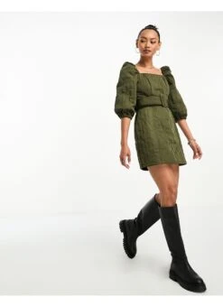 ASOS Nylon Quilted Belted Mini Dress -Free Vibe Shop asos Green Nylon Quilted Belted Mini Dress 3