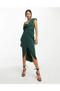 ASOS Off Shoulder Twist Front Midi Dress -Free Vibe Shop asos Green Off Shoulder Twist Front Midi Dress 3