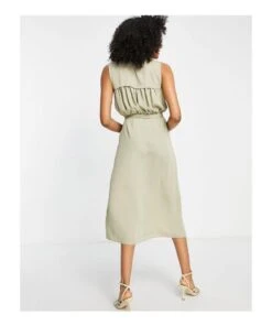 ASOS Tie Front Sleeveless Collared Wrap Midi Dress -Free Vibe Shop asos Green Tie Front Sleeveless Collared Wrap Midi Dress 1