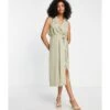 ASOS Tie Front Sleeveless Collared Wrap Midi Dress -Free Vibe Shop asos Green Tie Front Sleeveless Collared Wrap Midi Dress