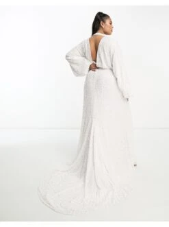 ASOS Curve Lennox Sequin Blouson Sleeve Wedding Dress With Train -Free Vibe Shop asos Ivory Curve Lennox Sequin Blouson Sleeve Wedding Dress With Train