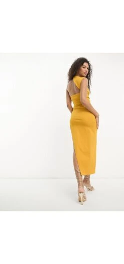 ASOS One Shoulder Wrap Neck Bodycon Midi Dress With Split 6 ASOS One Shoulder Wrap Neck Bodycon Midi Dress With Split -Free Vibe Shop asos MUSTARD One Shoulder Wrap Neck Bodycon Midi Dress With Split