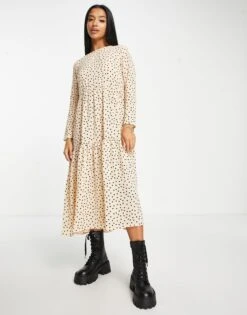 Asos Design Petite Long Sleeve Tiered Smock Midi Dress -Free Vibe Shop asos Multi Asos Design Petite Long Sleeve Tiered Smock Midi Dress 3