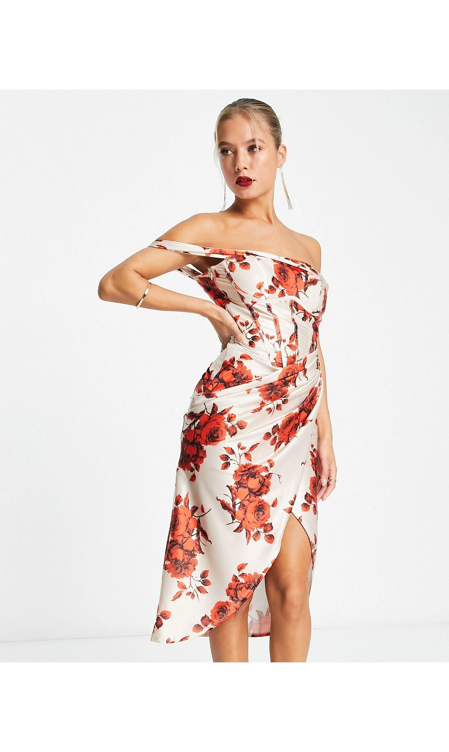 Free Vibe Shop -Free Vibe Shop asos Multi Bardot Satin Corset Wrap Midi Dress