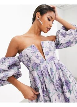 ASOS Jacquard Off The Shoulder Volume Sleeve Mini Dress -Free Vibe Shop asos Multi Jacquard Bardot Volume Sleeve Mini Dress 2